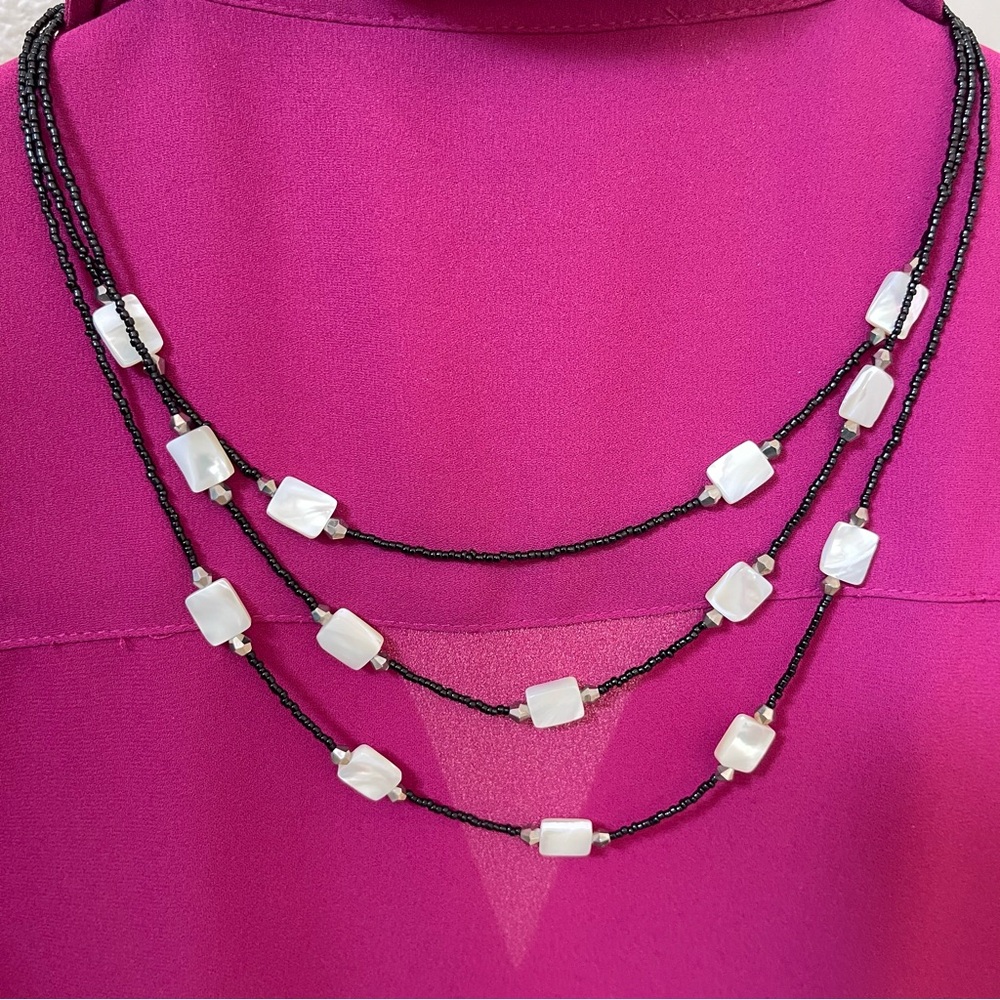Mother Of Pearl Necklace With Black Beads Adjustable Length